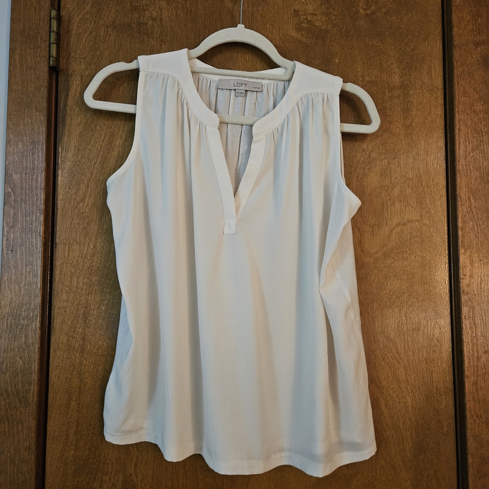 LOFT Petite Cream Split Neck Sleeveless Top